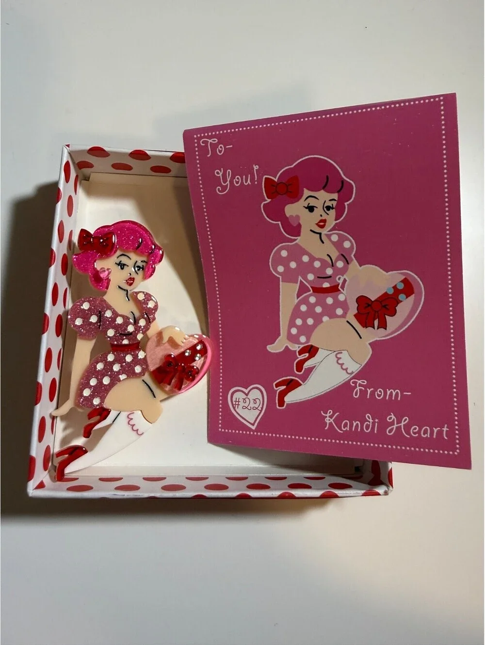 Kandi Heart Valentine Brooch Lipstick & Chrome Pinup Girl Valentine's Love Pin